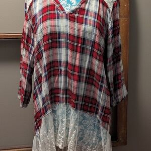 Red Plaid Top with Lace Hem